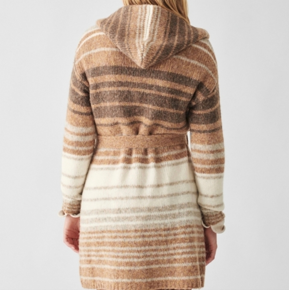 Faherty Long Line Hooded Cardigan Sweater in Cream & Brown Colorway Size M - Picture 3 of 11